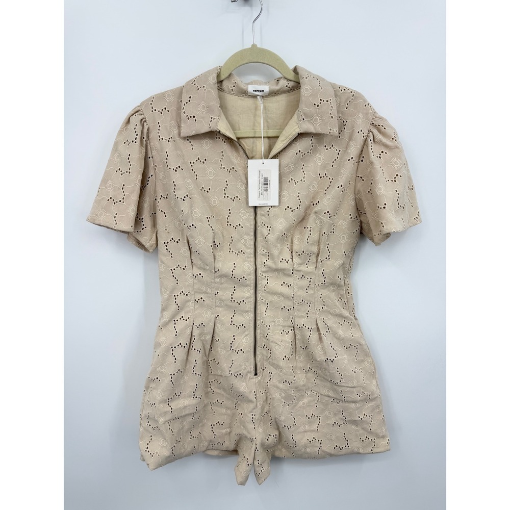Aureum Savana Twill Pleated Romper Womens Medium Cream Eyelet Zip Front AC1845